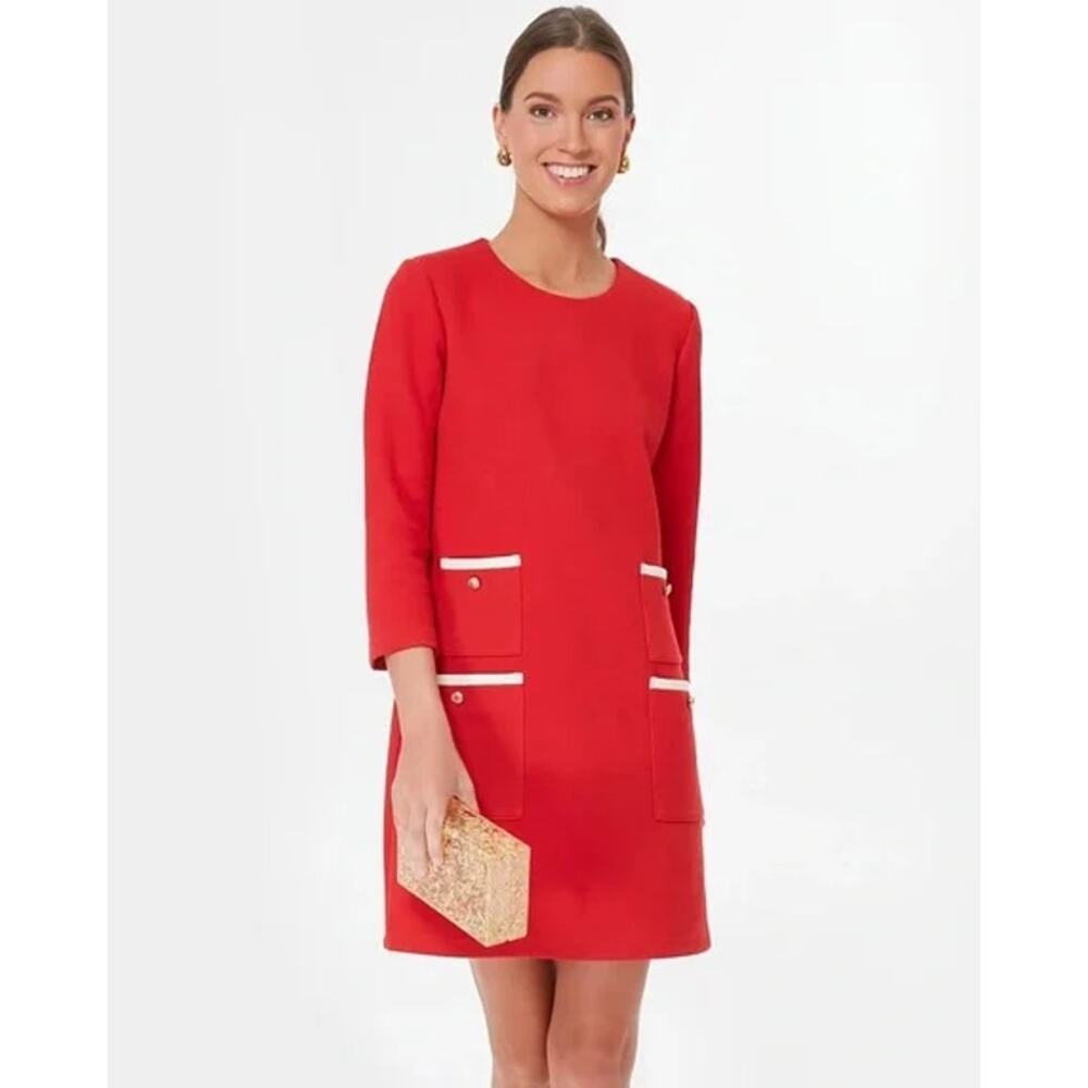 Tuckernuck Francoise Mod Mini Dress Crew Neck 3/4 Sleeve Gold Button Shift, Red
